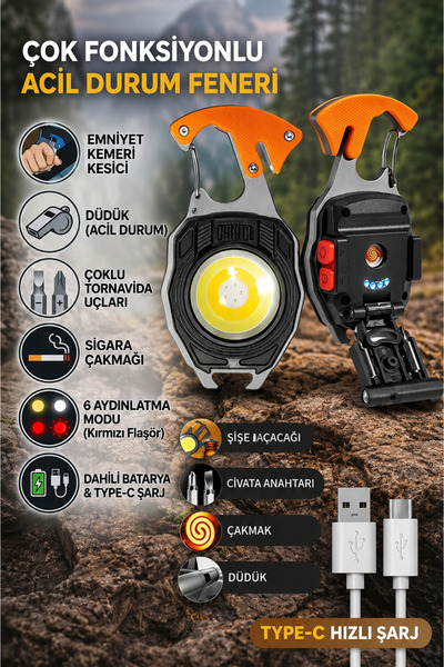 Janva Kamp Feneri Çok Fonksiyonlu Fener Anahtarlık Usb Çakmak Cam Kırıcı Kesi...