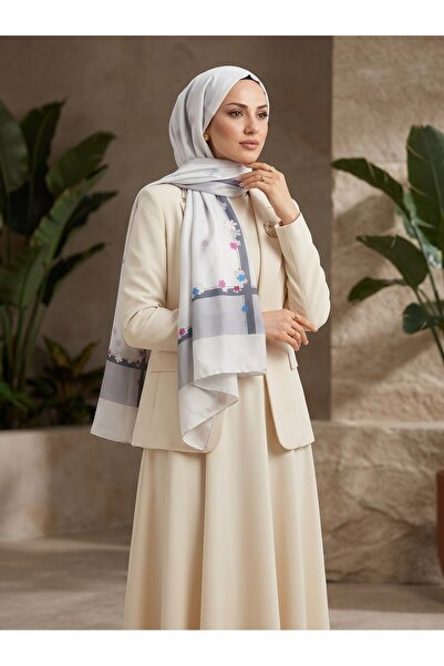 Vissona 100% Silk Flower Patterned Silver Color 92X210 Shawl