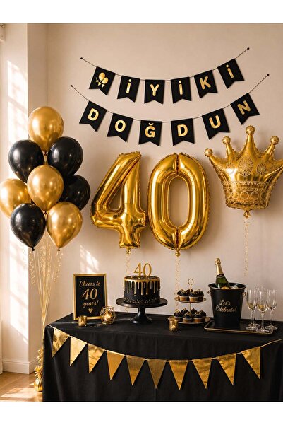 Parti Adresi 40 Yaş Balon Seti Doğum Günü Parti Seti Siyah Altın