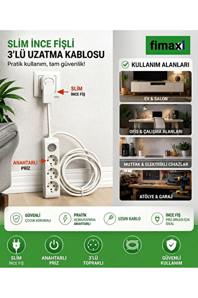 fimaxi 3 Metre Uzatma Kablosu 3’lü Anahtarlı Priz İnce Fişli – Dar Alanlara U...