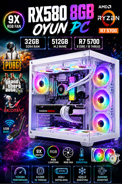 Dmc N303 (PUBG,GTA 5) Win 11 Ryz 7 5700 32GB RAM 512GB M.2,8GB RX580,sıvı Soğ...