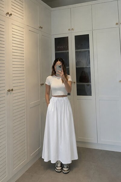 LUXINA GİYİM Kadın Beyaz Poplin Kumaş Uzun Etek Beli Lastikli Günlük Maxi Ete...