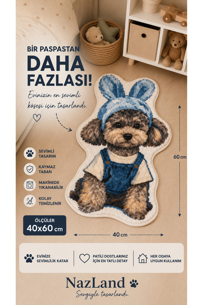 NazLand Sevimli Tavşan Kulaklı Puppy Peluş Paspas | Dekoratif Ultra Yumuşak O...