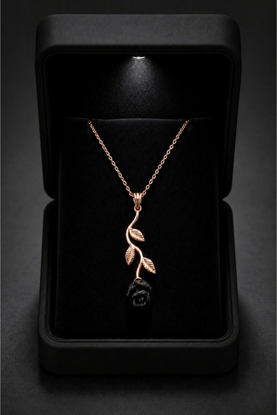 ÇEKİRDEK JEWELRY Işıklı Hediye Kutulu Rose Gold Siyah Gül Kolye Zarif Yaprak ...