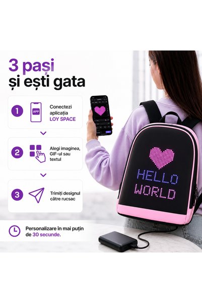 Omaly Ghiozdan Smart cu Display LED VisionPack, Rucsac cu Ecran Programabil, Text, GIF, Animații Colorate, Control prin Aplicație, Bluetooth, WiFi, Funcție Graffiti, Impermeabil, 30x26x12 cm, Volum 12L, Roz