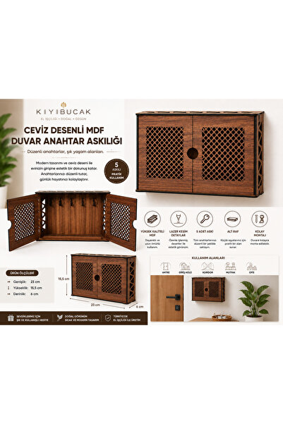 Ceviz Desenli Kapaklı MDF Duvar Anahtarlığı | Gizli Bölmeli Dekoratif Anahtar Askılığı | 5 Askılı | 23x15,5x6 cm