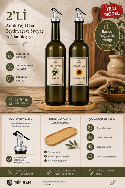 TRİPULAM Antik Yeşil Cam 2'li 750 ml Zeytinyağı, Sıvıyağ Şişesi Yağdanlık Yağlık