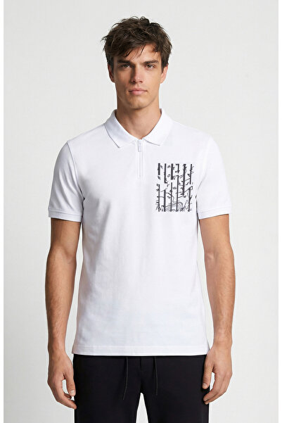 Network Beyaz Süs Cep Baskı Detaylı Pike T-shirt
