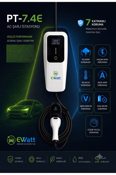 Ewatt 7.4kw Monofaze Taşınabilir Elektrikli Araç Şarj Cihazı