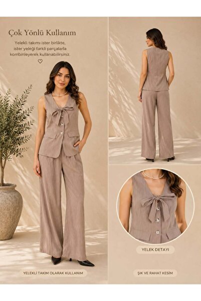 Selence Women's Brown Bow-Tie Detailed Vest Set with Elastic Waistband