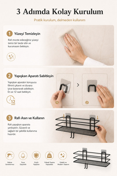 Alper Banyo Yapışkanlı Siyah Banyo Rafı & Duş Askısı – Delme Yok, Güçlü Yapışkan – 2’li Set (Tş01)