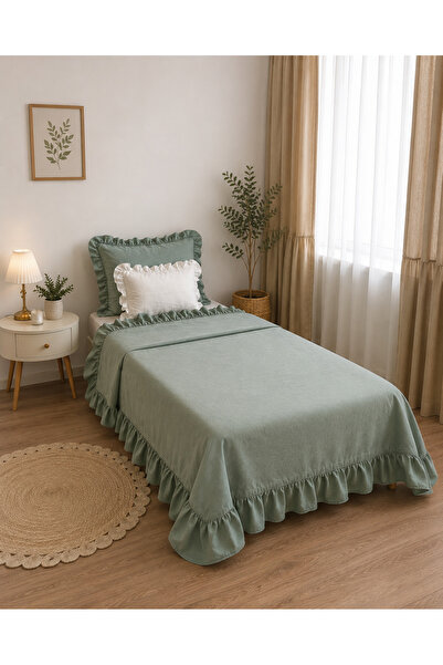 Decamor home Tek Kişilik Vintage Adaçayı Yeşili Fırfırlı Yatak Örtüsü 2 Parça