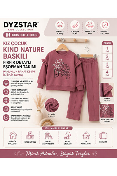 DYZSTAR Girl's Kind Nature Printed Ruffle Detailed Plum Tracksuit Set Cotton ...