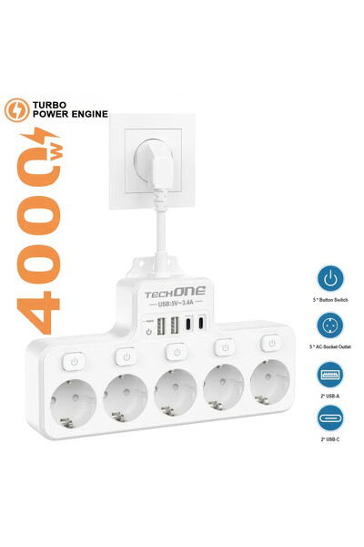 Techone Prelungitor Scurt PowerHub 9X, 4000W, 16A, 5 Prize Normale, 2 USB, 2 ...