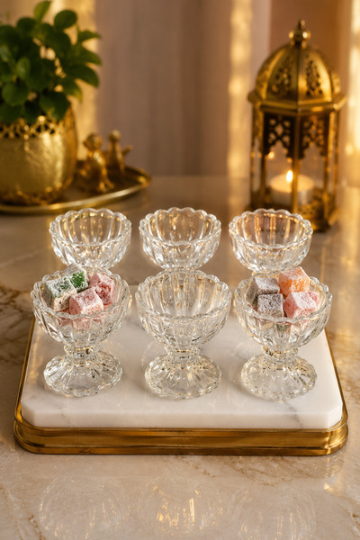 YzHome 6 Lı Ayaklı Mini Kristal Cam Lüks Lokumluk Kahve Yanı Sunumluk Kase