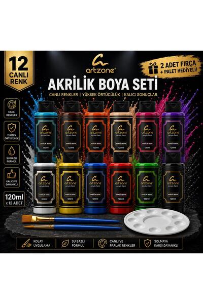 Artzone Akrilik Boya Seti 12 Renk x 120ml. (Ana Renkler) + Renkli Kutu