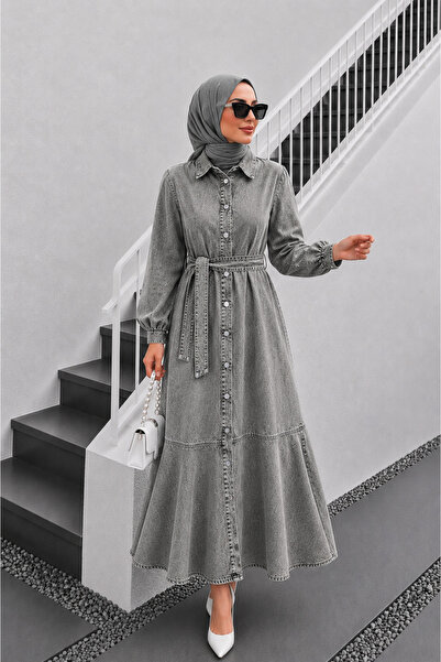 bellura Boydan Düğmeli Fırfırlı Kot Elbise