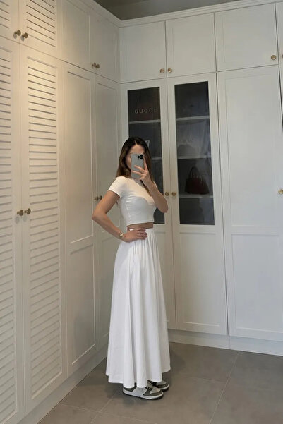 LUXINA GİYİM Kadın Beyaz Poplin Kumaş Uzun Etek Beli Lastikli Günlük Maxi Ete...