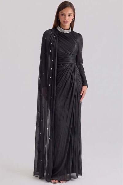 Olcay Umhang mit Stein- und Volan-Details, Yoryo-Seiden-Tesettür-Abendkleid S...
