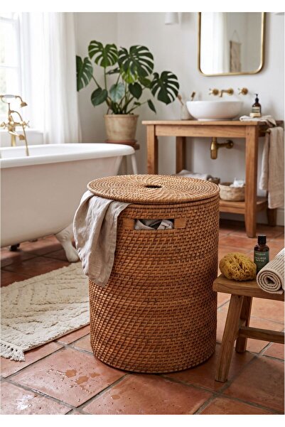 Lessio Home Aura El İşçiliği Doğal Rattan Kirli Çamaşır Sepeti - Kapaklı Bohe...
