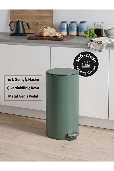 5FIVE Delta Modern Metal Pedallı, 30 L, Çöp Kutusu, Temizlenir İç Hazneli, Yeşil