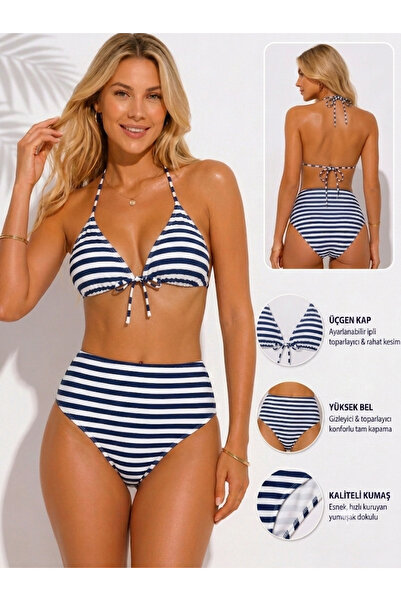 TEMSSHOP Premium Lacivert Çizgili Toparlayıcı Yüksek Bel Bikini Takımı Çıkarı...
