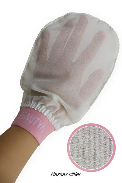 BEAUTYA Ekru Lastikli Banyo Duş Kesesi Peeling Eldiveni %100 Floş Ipek Hassas Ciltler Için 1 Adet