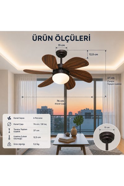 aldımgeldım Vanti Kcf280K 6 Kanatlı Ahşap Desenli Uzaktan Kumandalı Avizeli Dekoratif Tavan Vantilatörü