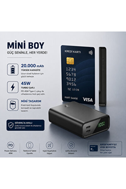 Genel Markalar PW501 20.000 mAh 45W PD Çift Type-C + 22.5W USB Çıkışlı Dijita...