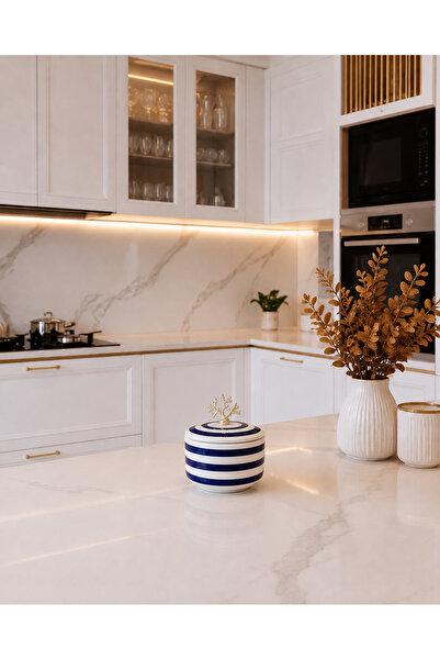 ferayhome Dekoratif Kutu Şekerlik Seramik Obje Lacivert Klasik Zebra GÜMÜŞ