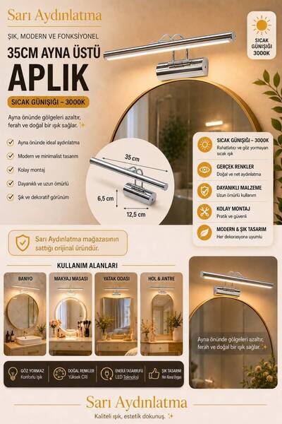 Sarı Aydınlatma 35cm Krom Kasa LED Tablo Ve Ayna Üstü Aplik Günışığı Modern D...