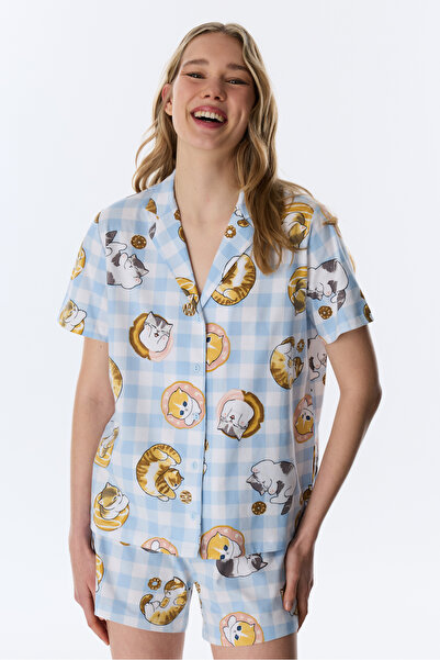 Penti Optik Beyaz Lic Mofusand Pamuklu Gömlek Şortlu Pijama Takımı