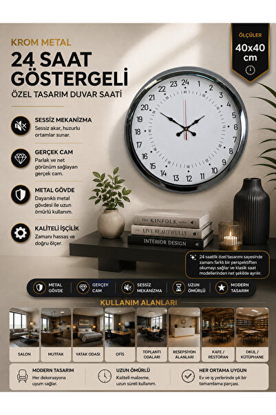ZENTİME Krom Elegance 40 Cm Metal 24 Saat Göstergeli Özel Tasarım Duvar Saati