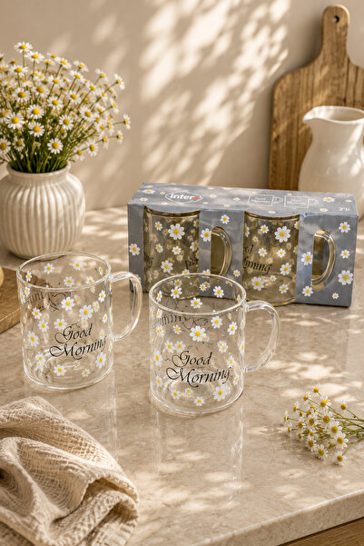 İnterlife Papatya Desenli Cam Kupa Bardak 400 ML 2’li Set | Good Morning Yazı...
