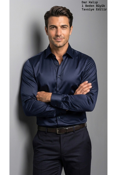 viyamen Erkek Slim Fit Klasik Saten Gömlek Uzun Kollu Modern Kesim