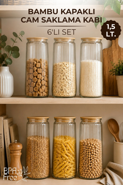 GİNZAMAİSON 6’lı Set 1,5 Lt. Bambu Kapaklı Cam Saklama Kabı – Çizgili Cam Kav...