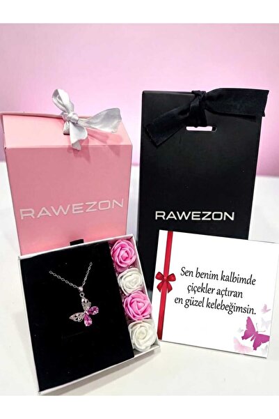 RAWEZON Nerovia Premium Pink Stone Butterfly Steel Necklace Set, Packaged in ...