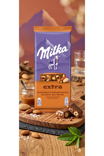 Milka Extra Chunky Caramel Salted Almond Sütlü Çikolata 190 g - Karamel ve Ba...