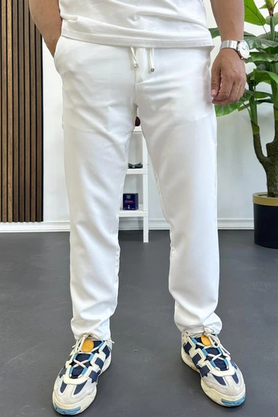 Edwox Pantaloni slim pentru bărbați, cu șnur, cu nasturi, alb Edw403