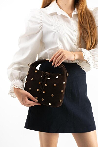 LOTUSVİE Women's Genuine Suede Leather Brown Hand and Shoulder Bag with Stapl...