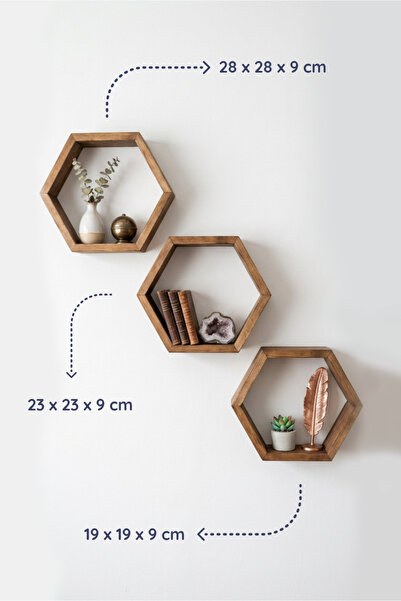 Wooden Factory Ahşap Balpeteği Altıgen 3'lü Duvar Rafı – Dekoratif Modern Raf