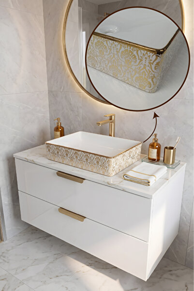 LUCCO Square 50 Cm Lavabo Altın Renk Desenli -