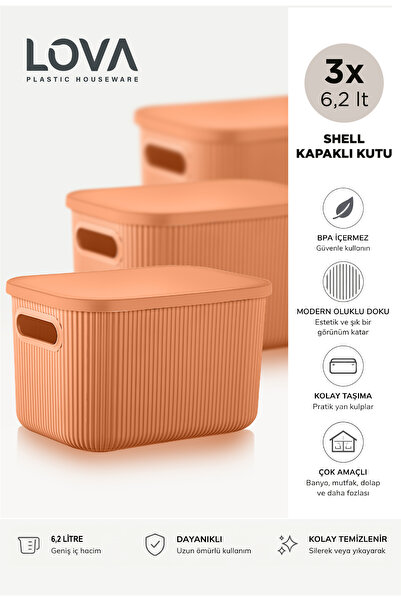 Lova 6 lt Shell Kapaklı Saklama Kutusu (3 adet) (Turuncu)