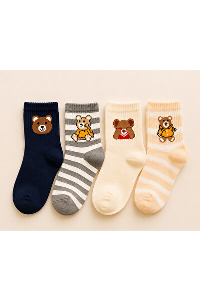 çorapmanya 4 Çift Çok Renkli Teddy Bear Desenli Tenis Yarım Konç / Kolej Çorap