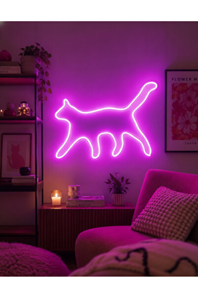 STUDYO YORA Kedi Figürlü LED Neon Duvar Tablosu | Mor Aydınlatmalı Modern Dek...