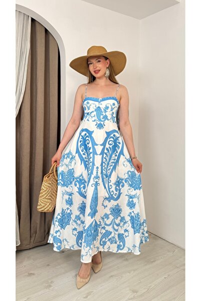 S&A Collectionn Rochie maxi de damă, albastră, din in, cu mărgele și model pe...