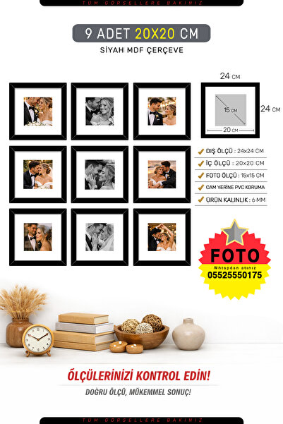 yhfoto 9 Adet 20x20 Çerçeve - Siyah Çerçeve - Kare Mdf Çerçeve - Fotoğraf Çerçeve Seti
