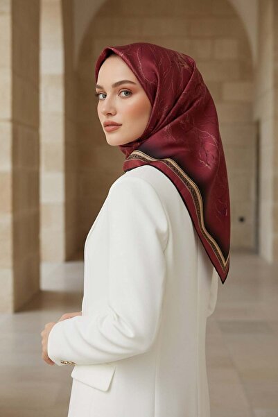 Vissona % 57 İPEK % 43 VİSKON Twill İpek Mermer Desenli Bordo Renkli 90x90 Eş...