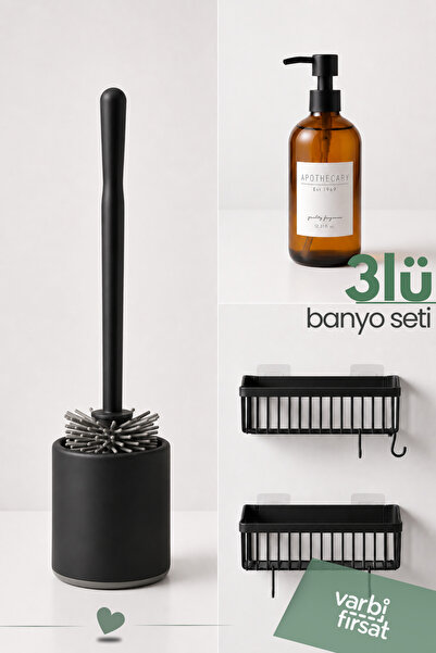 Varbifırsat Modern Banyo Seti 3'lü | Yapışkanlı Banyo Rafı, Cam Sabunluk ve Tuvalet Fırçası