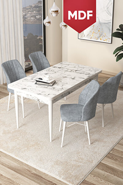 Canisa Arp Serisi 70x110 MDF Sabit Mutfak Masası Takımı Beyaz Mermer Desen Ma...